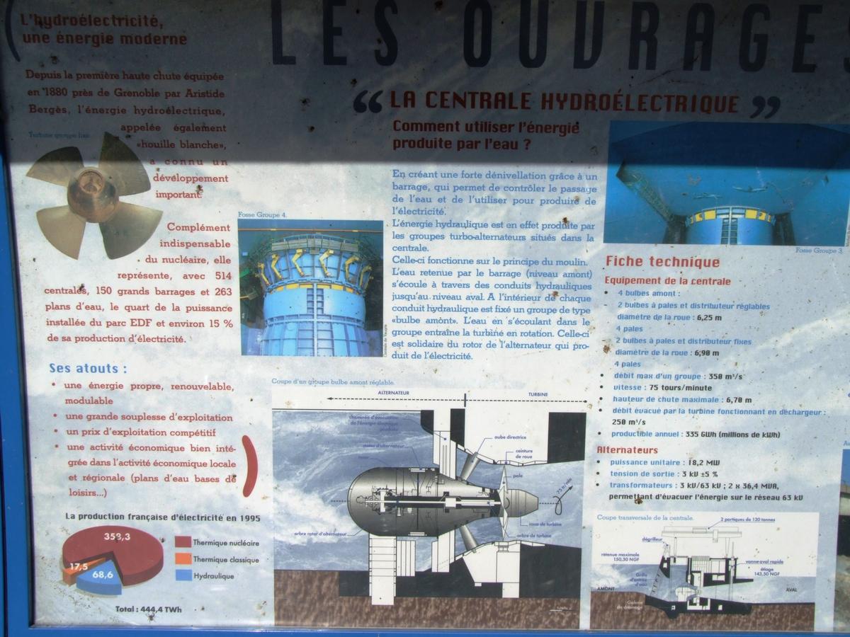 Barrage, centrale hydroélectrique et écluse de Vaugris sur le Rhône - Panneau d'information sur la centrale hydroélectrique 