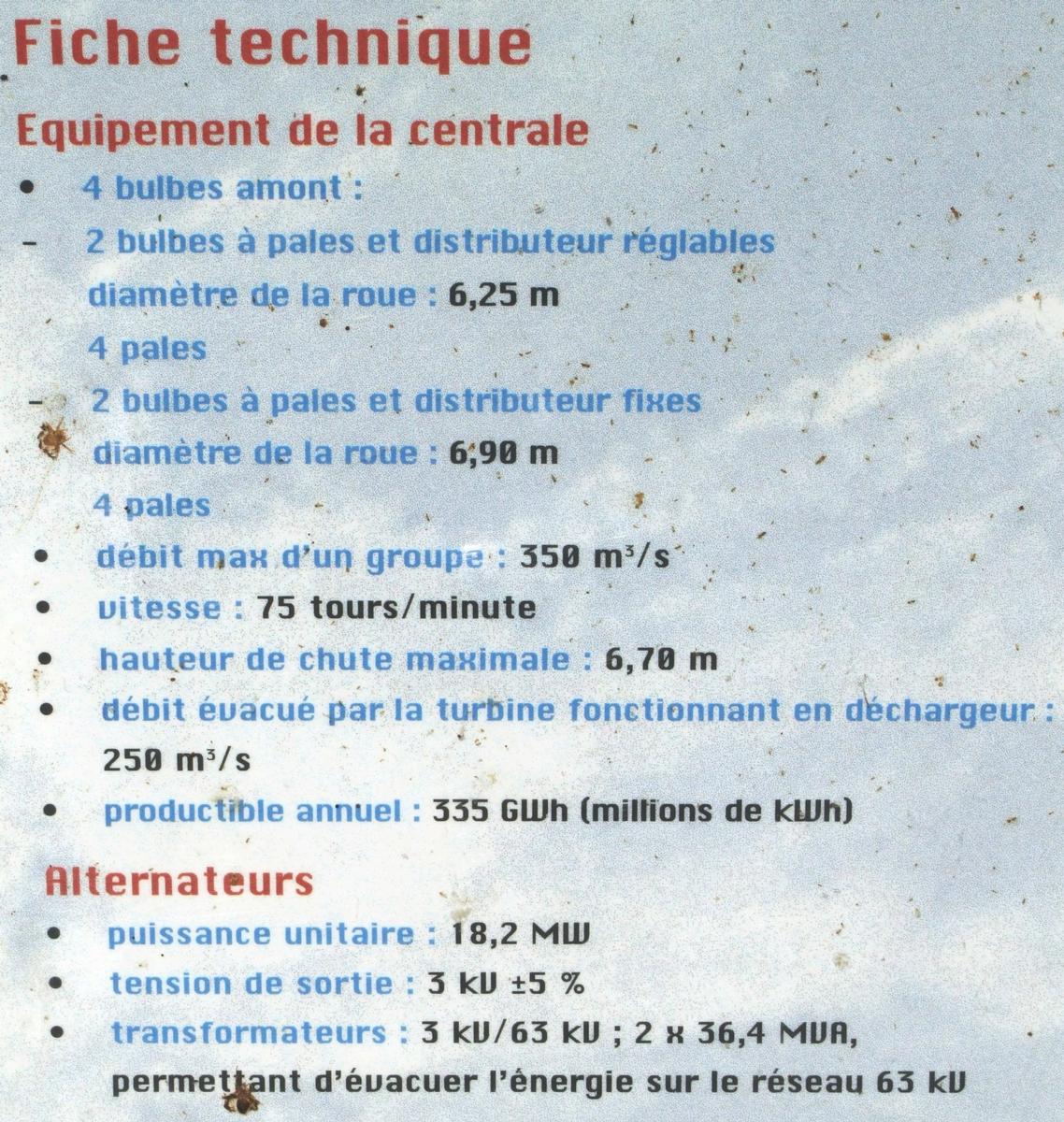 Barrage, centrale hydroélectrique et écluse de Vaugris sur le Rhône Panneau d'information sur la centrale hydroélectrique - Fiche technique
