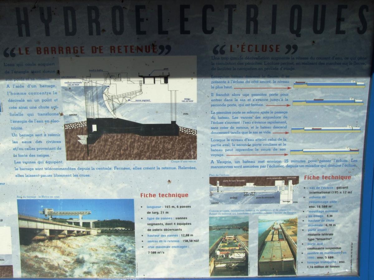 Barrage, centrale hydroélectrique et écluse de Vaugris sur le Rhône - Panneau d'information sur le barrage de retenue et l'écluse 