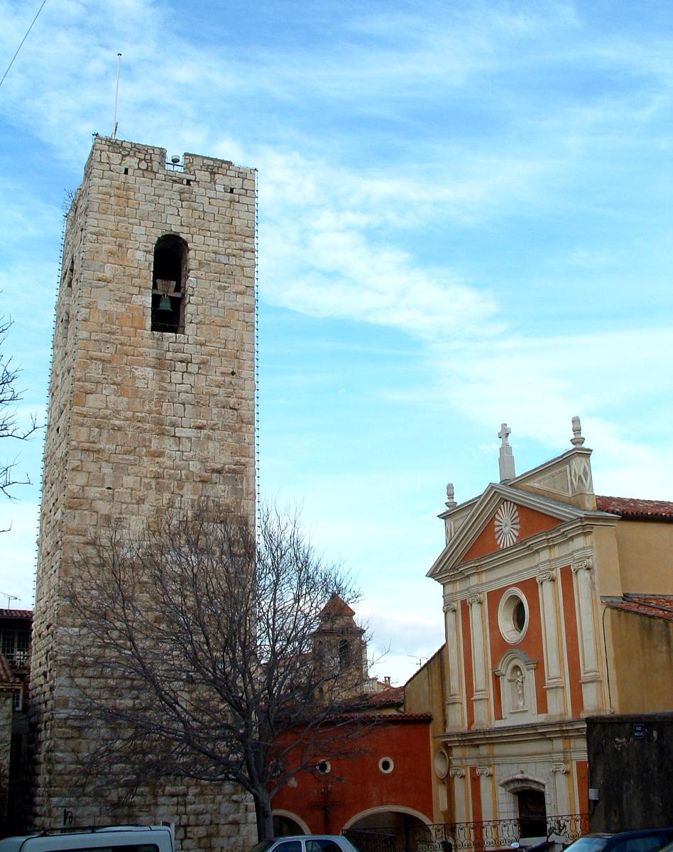 Façade of former Antibes cathedral and watch tower 