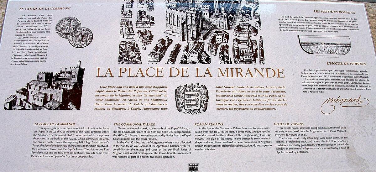 Fiche média no. 29683 Avignon - Hôtel de Vervins (hôtel de Mirande) – 2, place de la Mirande - Panneau d'information sur les monuments se trouvant sur la place de la Mirande