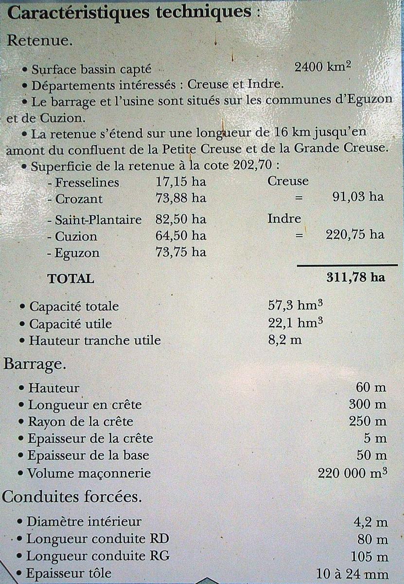 Barrage d'Eguzon - Panneau d'information - Caractéristiques techniques 