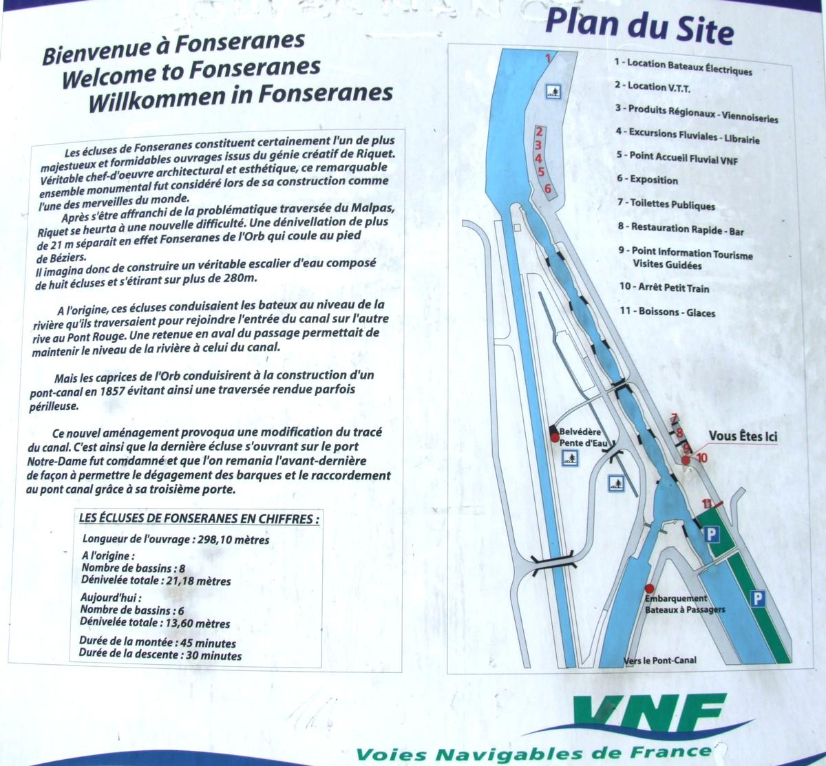 Canal du Midi - Béziers - Ecluse de Fonséranes et pente d'eau - Panneau d'information 