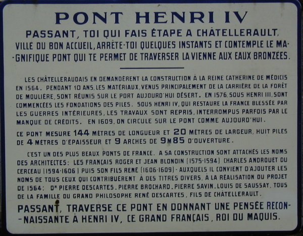 Pont Henri IV à Châtellerault.Plaque 