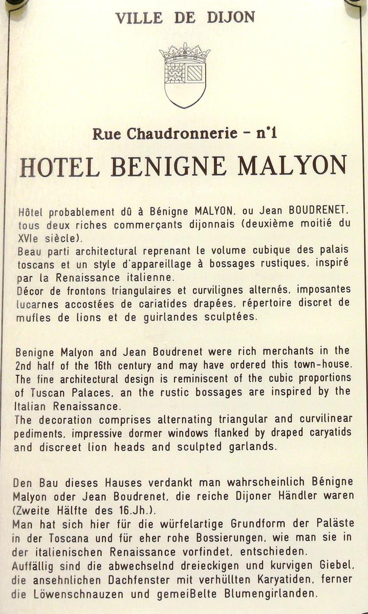 Dijon - Hôtel Benigne Maylon - Panneau d'information 