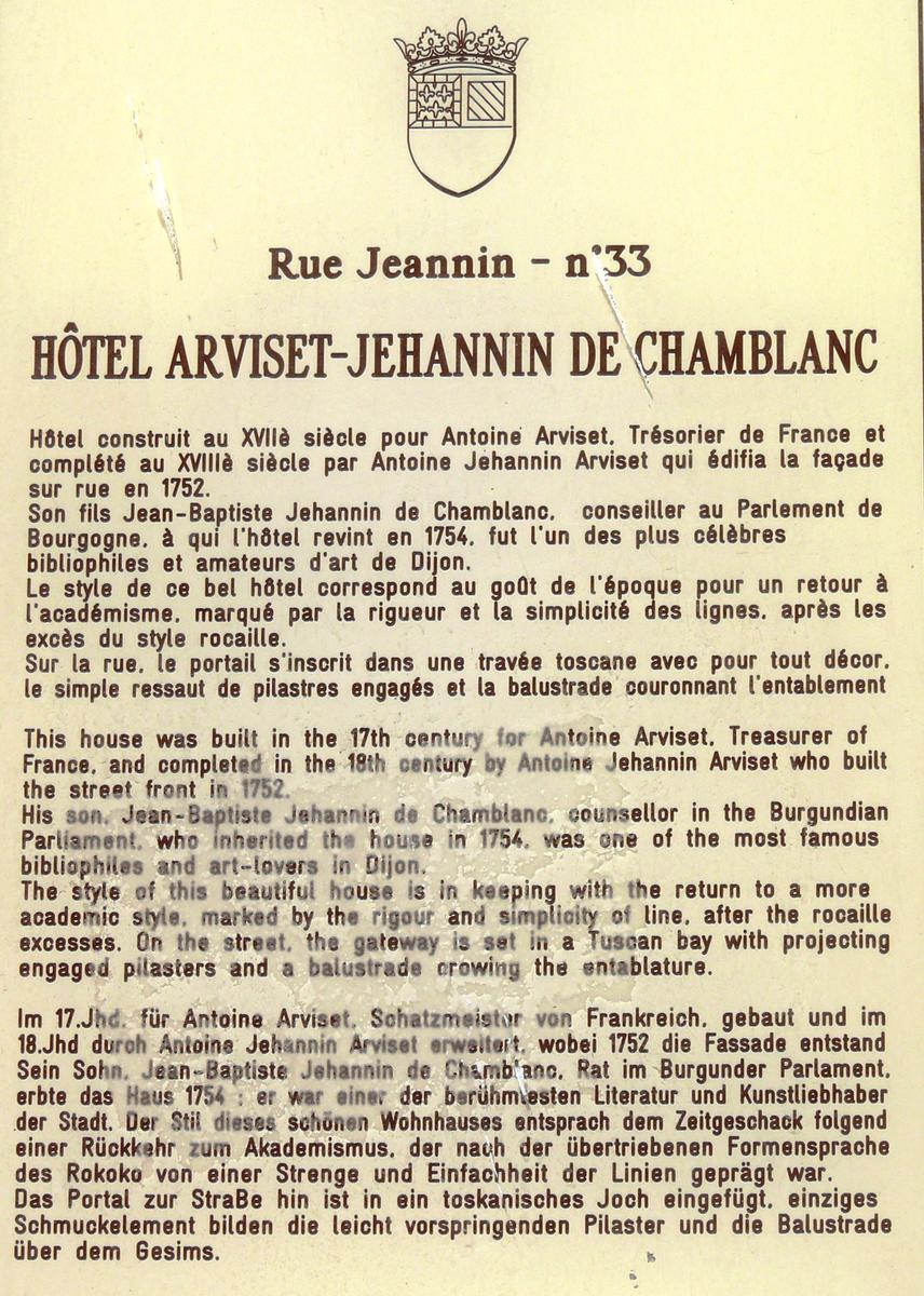 Dijon - Hôtel Arviset-Jehannin de Chambanc - Panneau d'information 