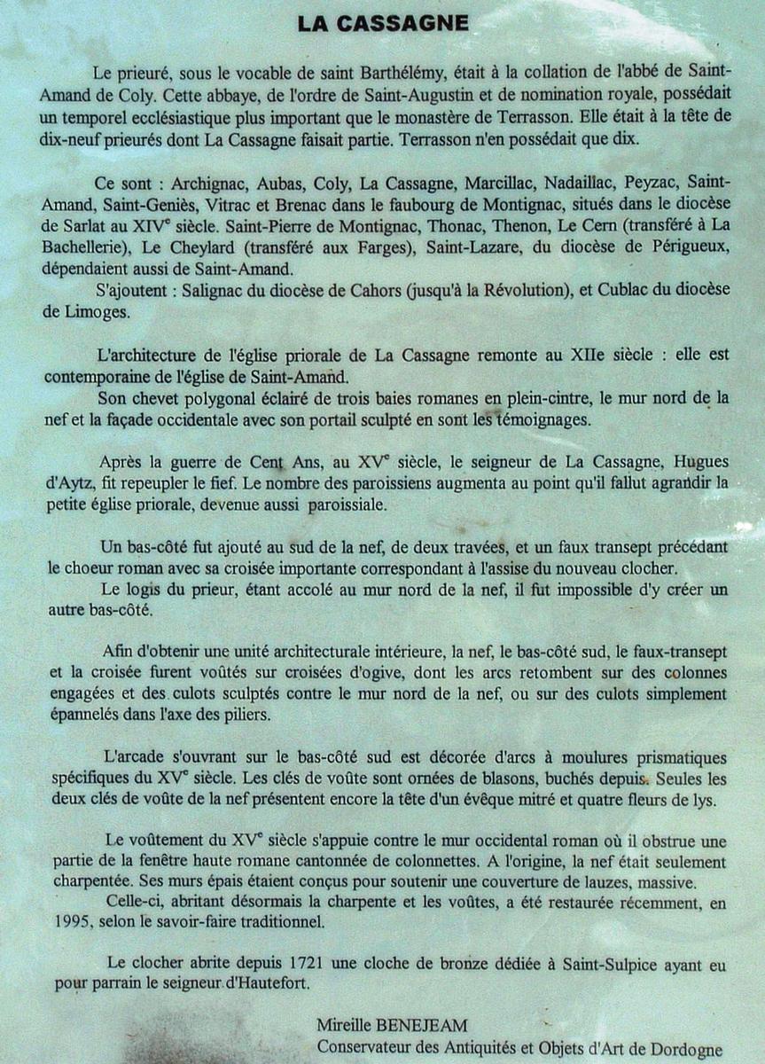 La Cassagne - Eglise priorale Saint-Barthélémy - Notice 