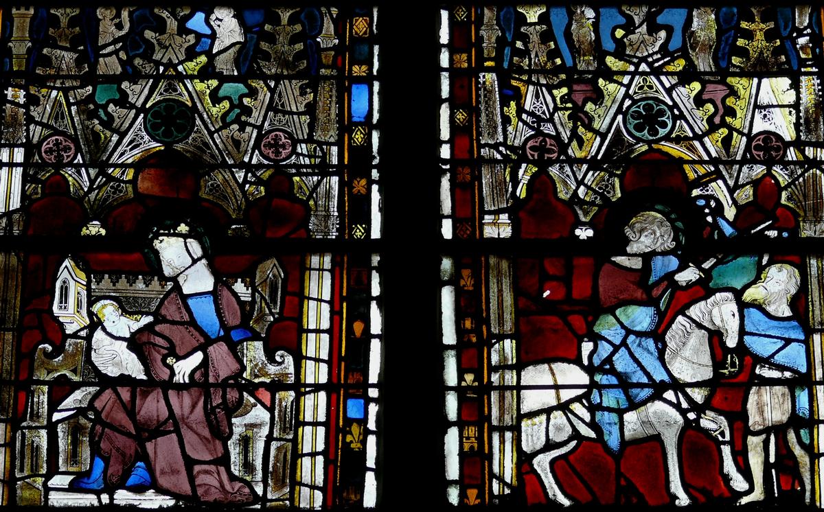 Evreux - Cathédrale Notre-Dame - Nef: vitrail représentant la Vierge à l'Enfant et partage du manteau par saint Martin 
