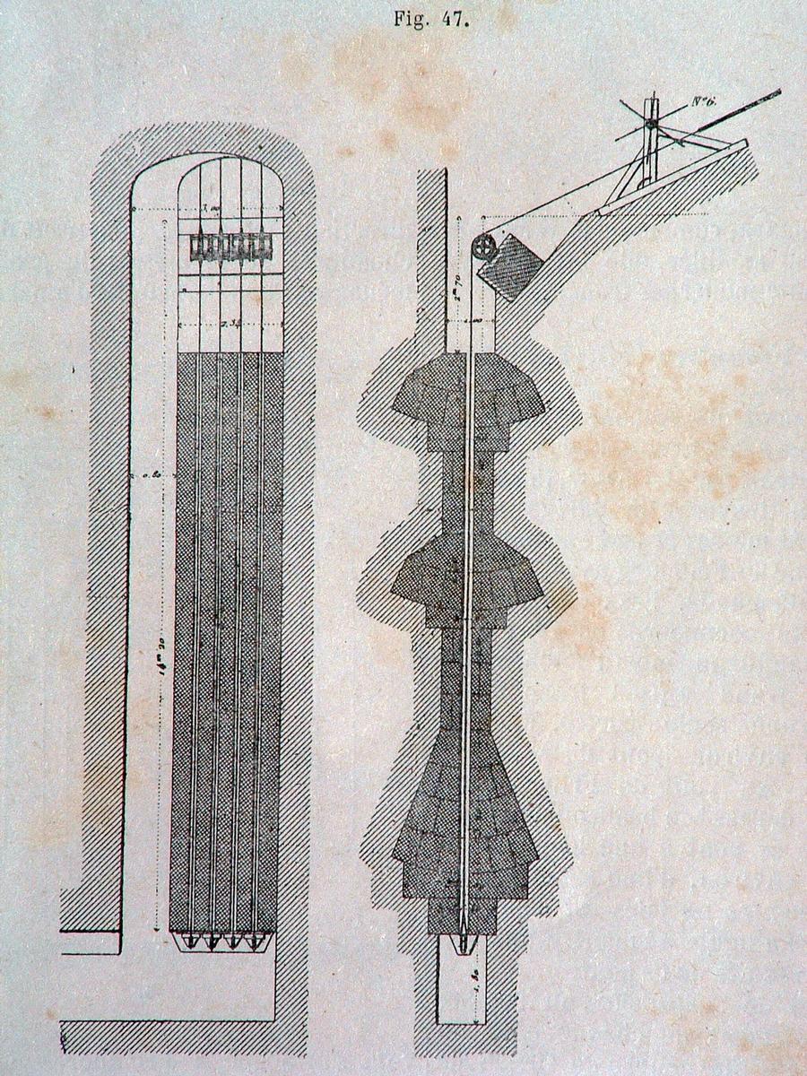Fiche média no. 47076 Fribourg - Grand pont suspendu (1834) - Amarrage des câbles dans des puits verticaux creusés dans le rocher avec trois chambres destinées à recevoir de la pierre de taille appareillée en coupe renversée. Au-dessous du bloc d'amarre inférieur a été aménagé un vide de 1,80m de hauteur permettant les manoeuvres nécessaires au placement des ancres des câbles de retenue. Une cheminée de service a été réservée sur le côté sur toute la hauteur des puits