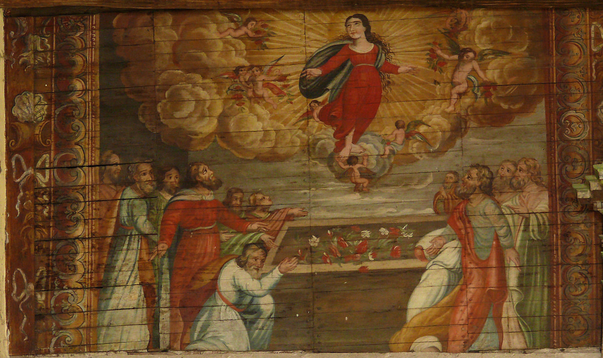 Fiche média no. 139082 Eglise de Mortemart (ancienne chapelle du couvent des Augustins) - Peinture sur bois placée au-dessus de l'autel représentent à gauche, l'ouverture du tombeau de la Vierge que les apôtres trouvent rempli de roses
