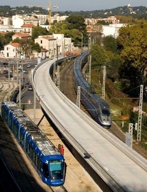 Montpellier - Viaduc Alphonse Loubat - Ensemble du viaduc entre la voie de tramway longeant le Corum et la ligne de chemin de fer 