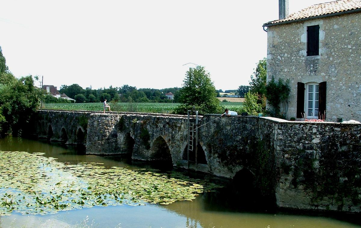 La Sauvetat-du-Dropt - Pont gothique vu de l'amont avec son ancien moulin 