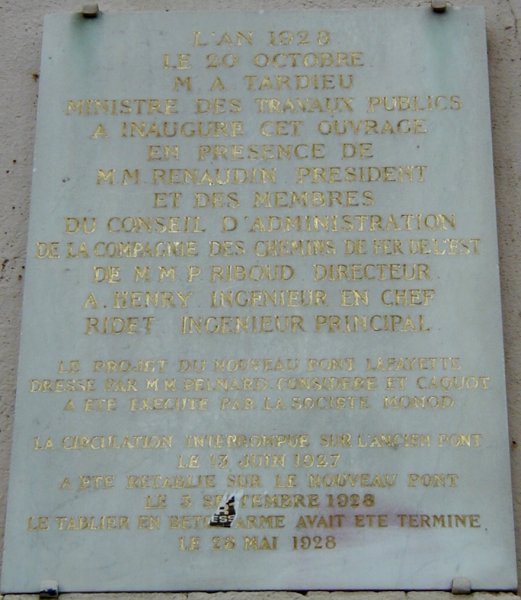 Pont de la rue La Fayette in Paris.Commemorative plaque 