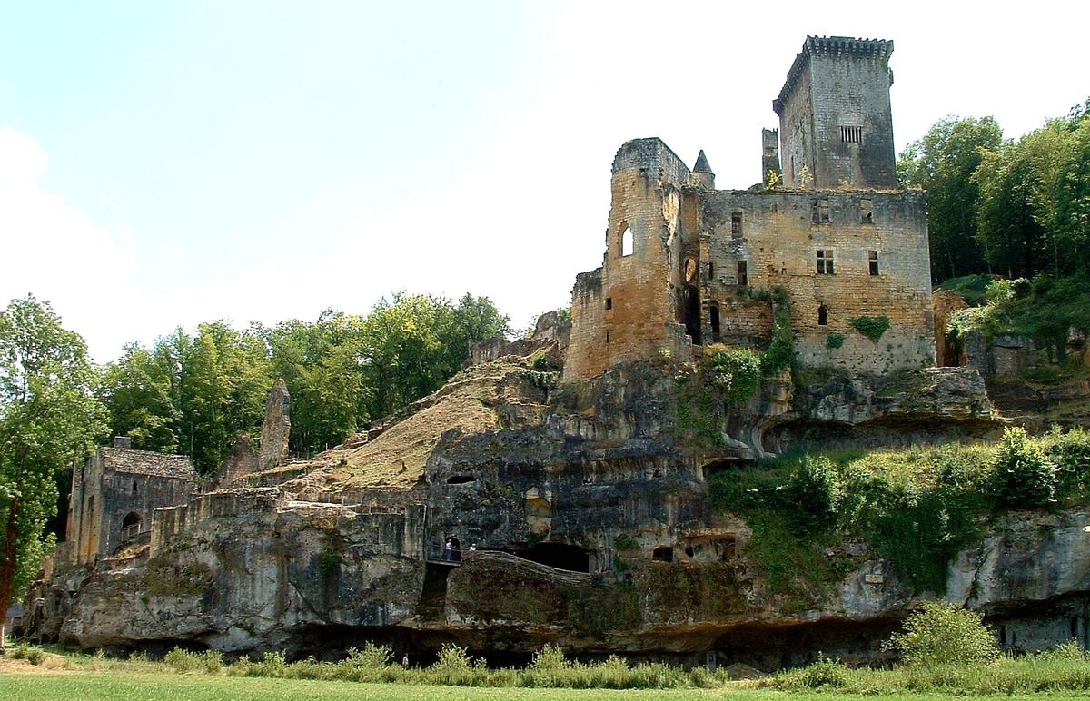 Castrum de Commarque - Ensemble du site avec le château des Beynac au premier plan et les constructions troglodytes dessous 