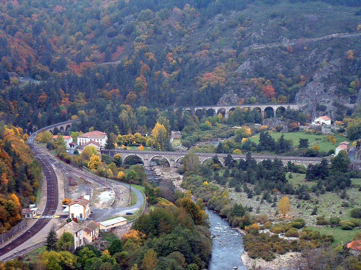 Fiche média no. 49349 Ligne des Cévennes - Chapeauroux - Viaduc de Chapeauroux (viaduc du Nouveau Monde) avec la gare de Chapeauroux et le pont sur l'Allier entre Chapeauroux et Le Nouveau-Monde