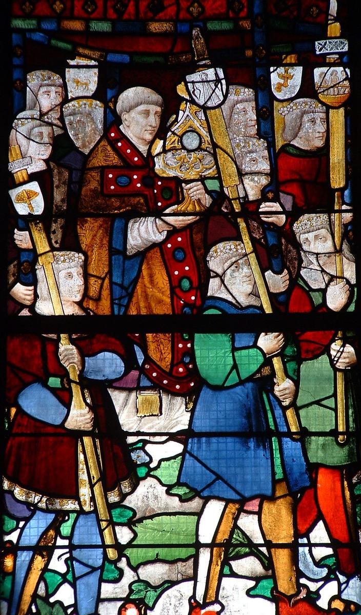 Louviers - Eglise Notre-Dame - Elément d'un vitrail représentant la procession des drapiers le jour de la Fête-Dieu, vers 1490-1495 