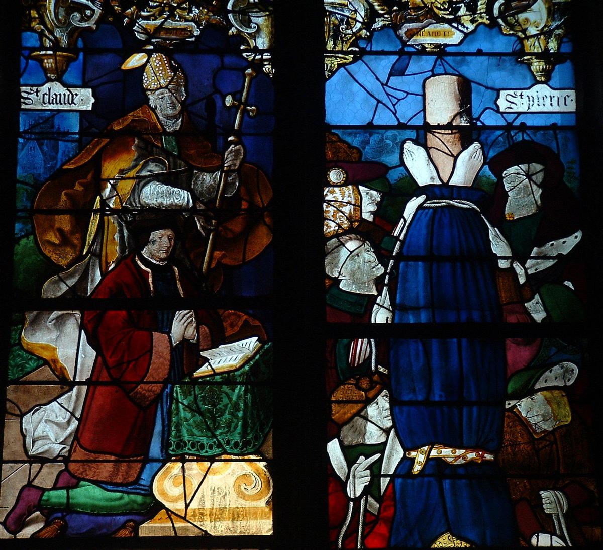 Fiche média no. 42660 Louviers - Eglise Notre-Dame - Vitrail avec saint Claude et Claude Le Roux, donateur du vitrail, à gauche, attribué à Engrand Le Prince, vers 1525-1530