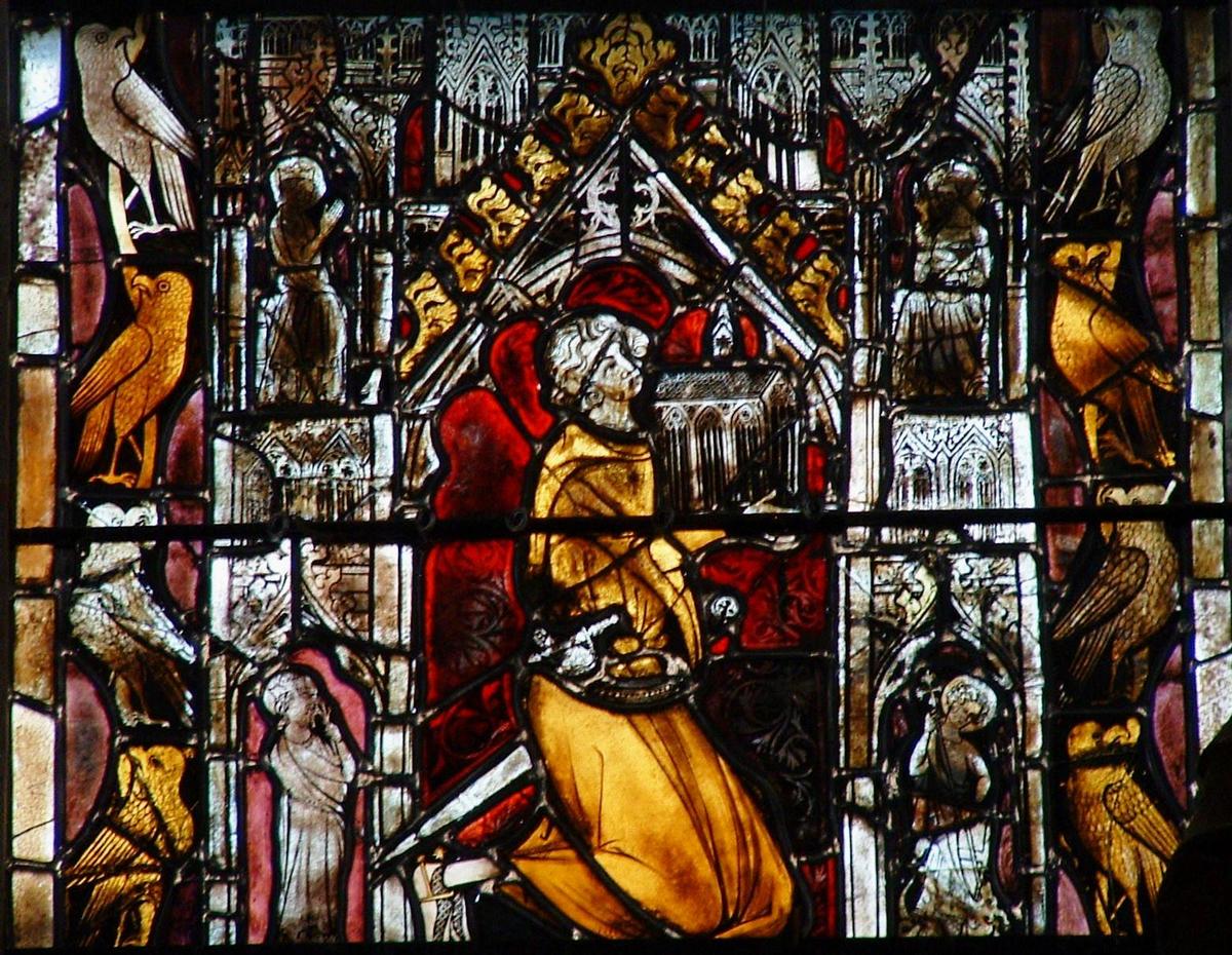 Mézières-en-Brenne - Eglise Sainte-Marie-Madeleine - Vitrail du 14ème siècle de la nef: église avec son donateur 