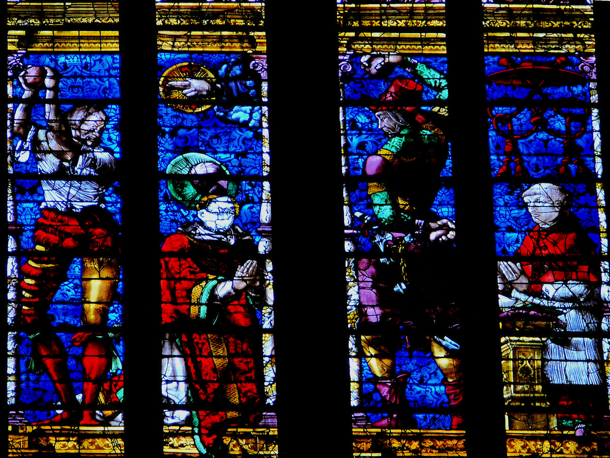 Metz - Cathédrale Saint-Etienne - Choeur - Vitrail axial représentant la lapidation de saint Etienne avec donateur 
