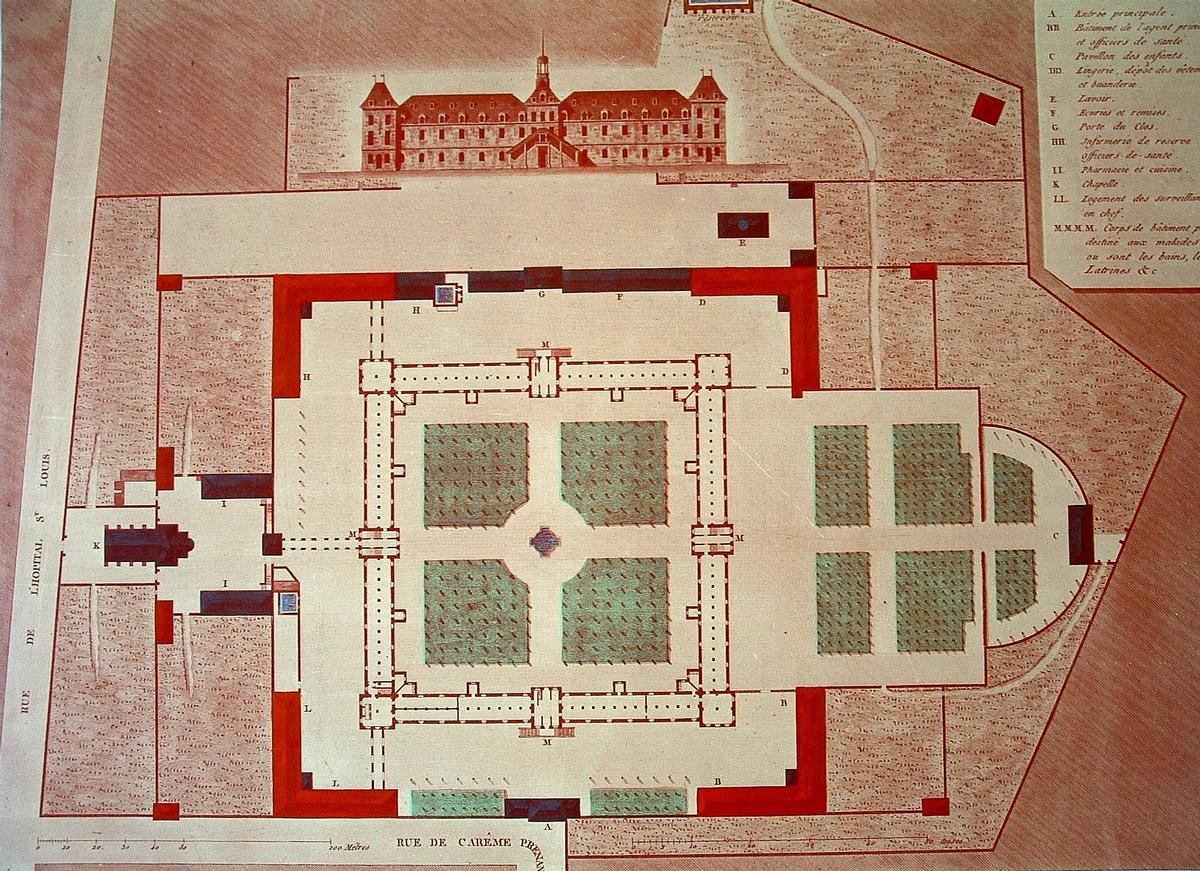 Paris - Hôpital Saint-Louis (architectes: Claude Chastillon et Claude Vellefaux) construit de 1607 à 1611 - Plan de l'hôpital d'origine 