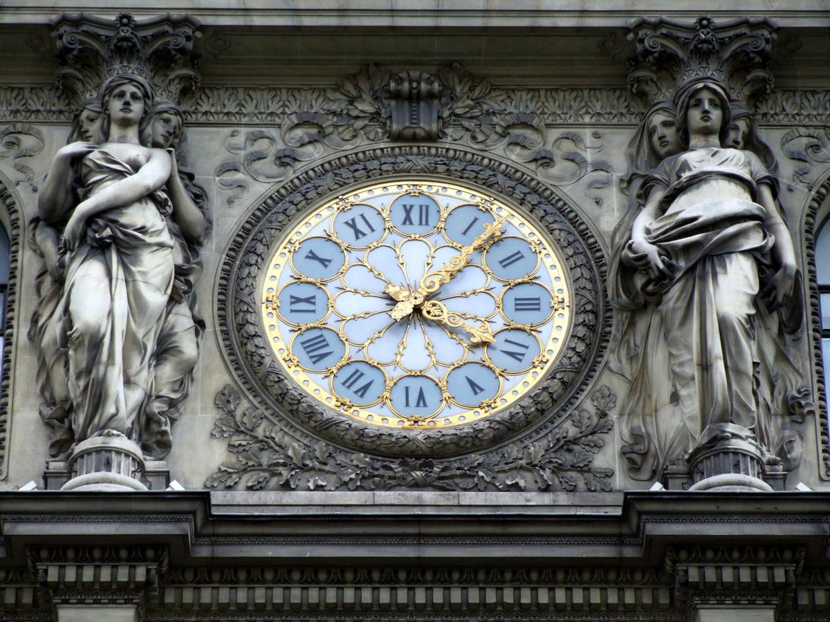 Immeuble du Crédit Lyonnais 17-23 boulevard des Italiens - Façade du boulevard des Italiens - Avant-corps central imité du Louvre - Horloge