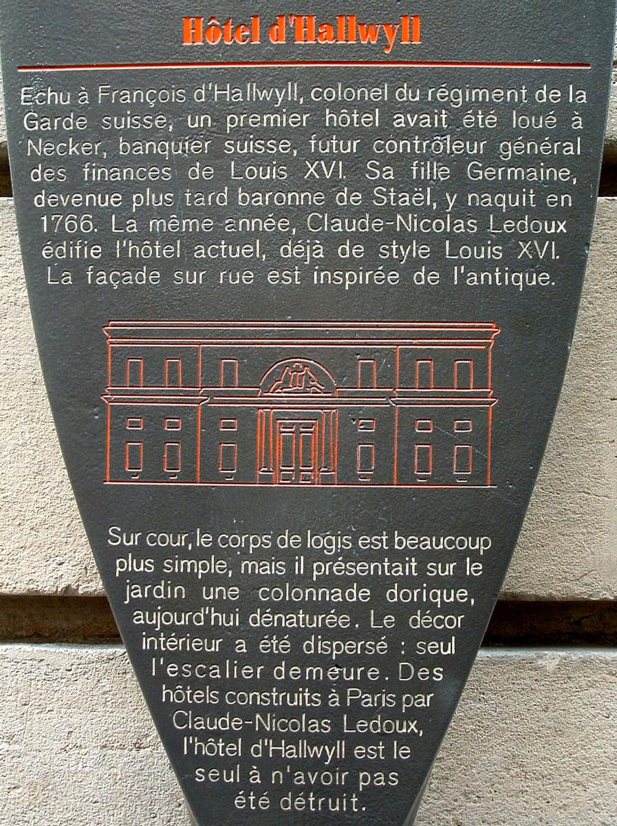 Paris - Hôtel d'Hallwyll (architecte: Claude-Nicolas Ledoux) construit de 1766 à 1767 - 28, rue Michel-le-Comte - Panneau d'information 