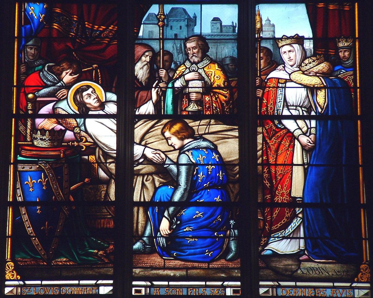 Fiche média no. 47196 Thouars - Eglise Saint-Médard - Chapelle Saint-Louis - Saint Louis donnant ses derniers avis à son fils (vitrail du 19ème siècle de l'atelier Lobin)