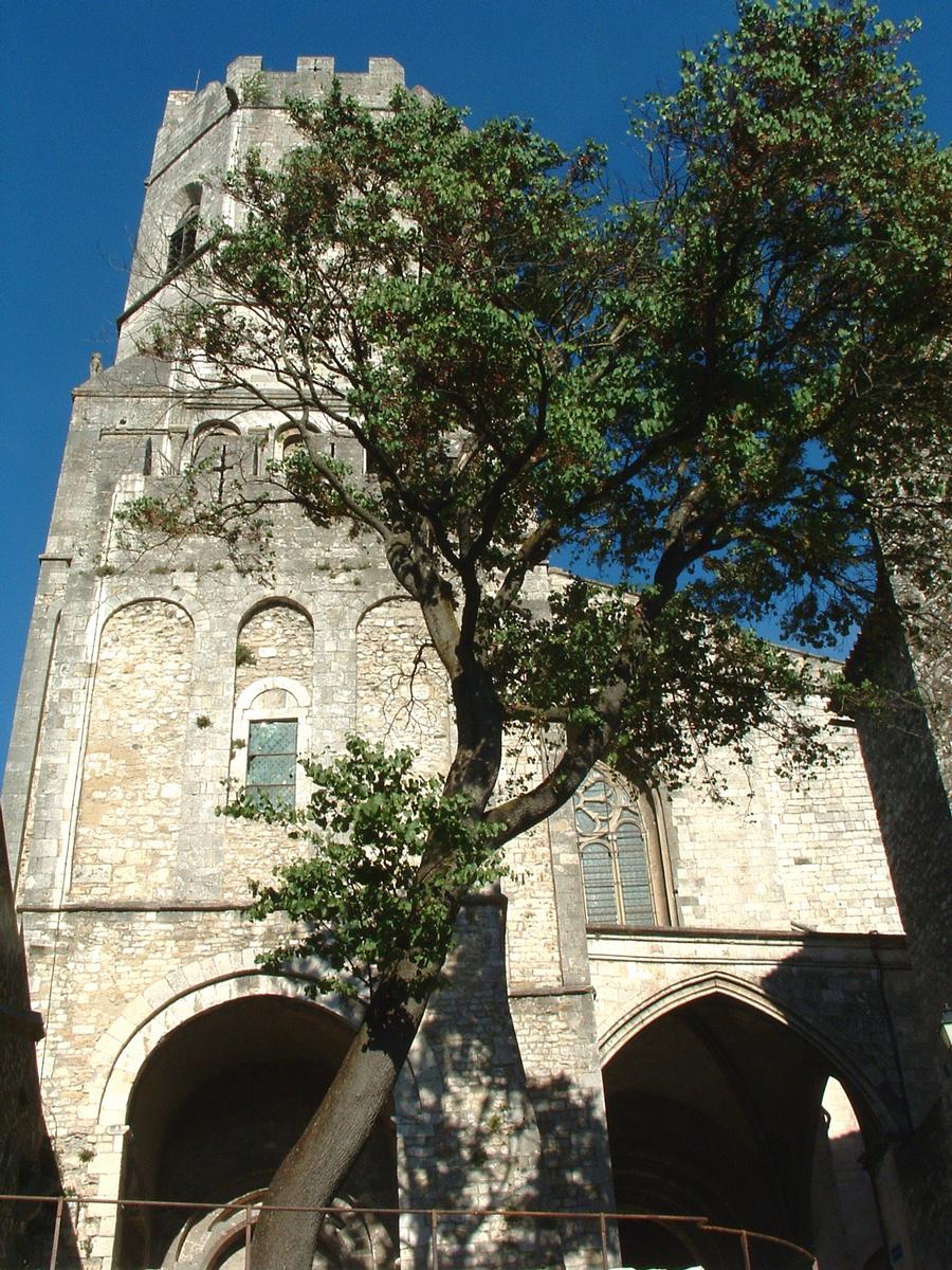 Fiche média no. 40704 Viviers - Tour Saint-Michel - La tour, ancienne entrée à la ville haute, vue de l'Ouest, avec le porche d'entrée de la cathédrale à sa droite
