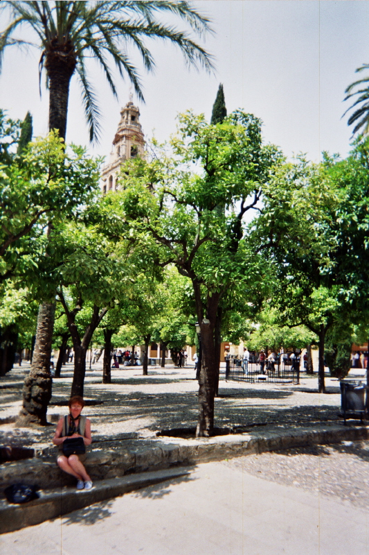 Le patio des Naranjas (Orangers), sa galerie et le minaret de la Mezquita à Cordoue 