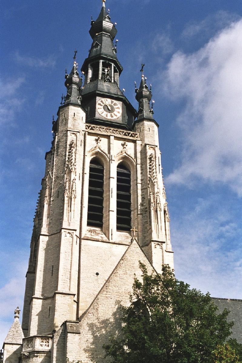 Fiche média no. 69427 La tour aux clochetons à bulbes de l'église Saint Martin de Courtrai (Flandre occidentale) date du 17e siècle et mesure 75 m. de hauteur. L'église elle-même est une reconstruction néogothique du 19e siècle