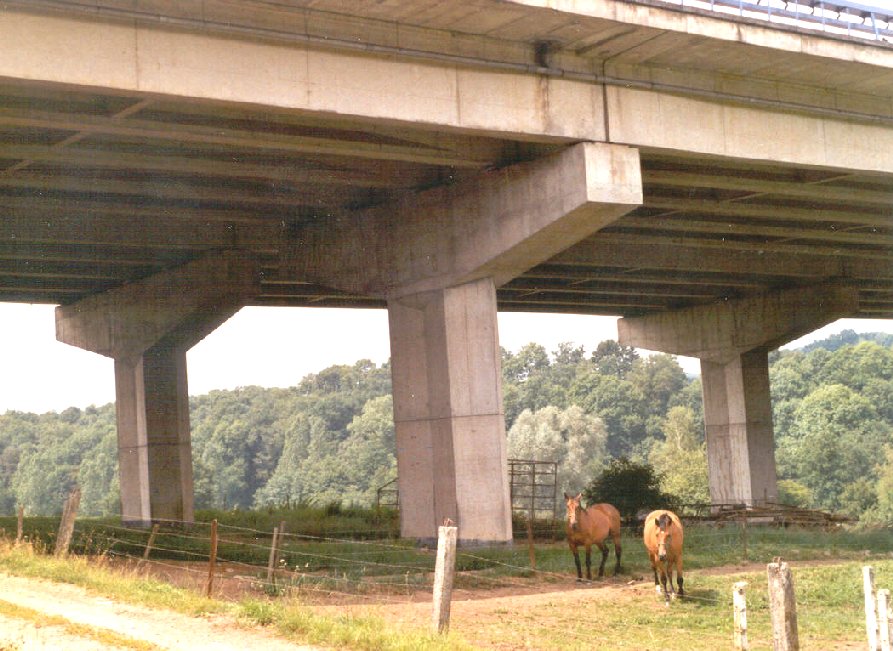 Vue partielle du viaduc de Sovet: l'autoroute E411 franchit le Bocq et une voie ferrée désaffectée 