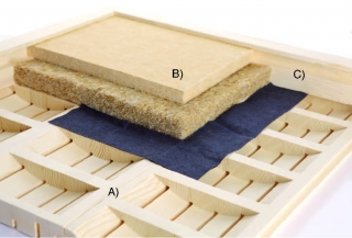 Aufbau der Akustik-Paneele aus Massivholz: A) Massivholz-Paneele, B) schallabsorbierende Dämmung, C) Unterkonstruktion 