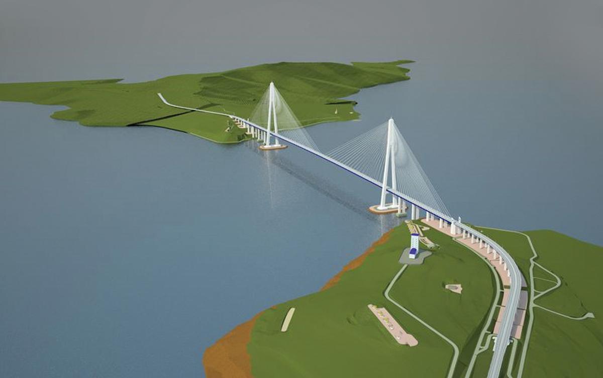 Animation der Brücke auf die Russki-Insel durch die Meerenge Ost-Bosporus in Wladiwostok 