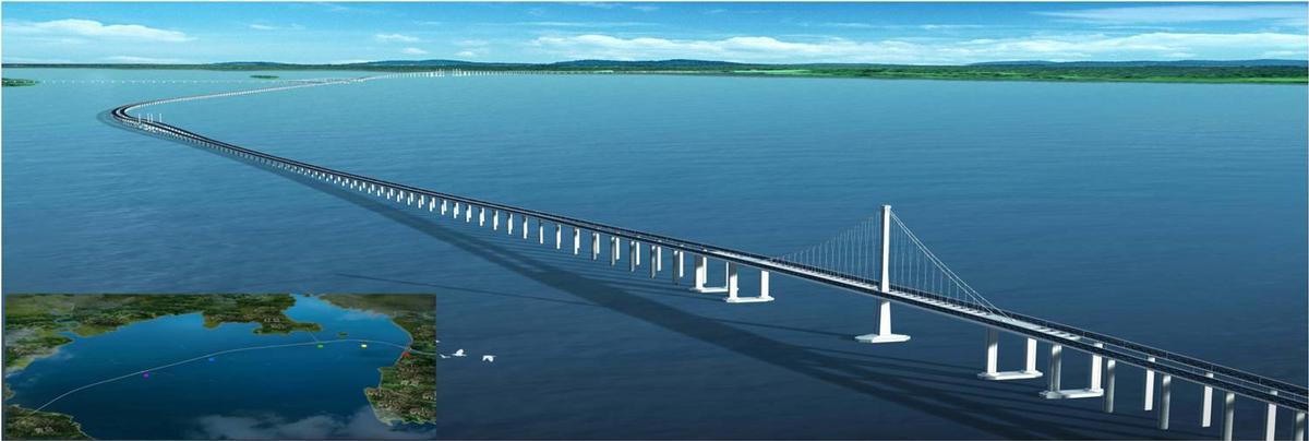 Mediendatei Nr. 206069 Die Qingdao-Haiwan-Brücke in Planung, links unten mit Lageplan, vorne die Schrägseilbrücke für die Schiffsdurchfahrt, links im Hintergrund die Brückenkreuzung