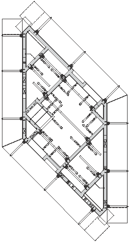 Victoria-Turm, Mannheim Bühneneinteilung: ACS-R (Regulär) im Kernaußenbereich, ACS-P (Plattform) innen und ACS-S (Shaft) im Bereich eines einzeln verlaufenden Aufzugsschachtes