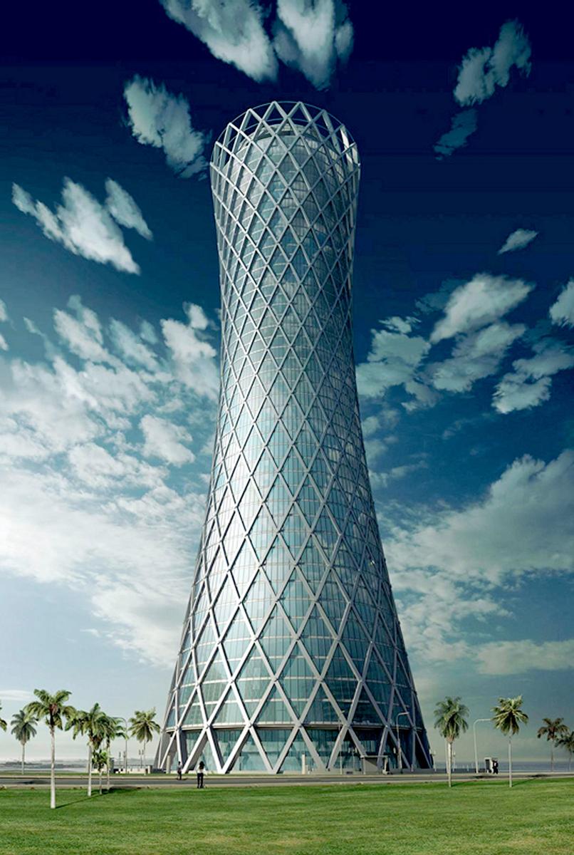 The “Tornado Tower” in daylight. The rhombic steel frame and floor-to-ceiling glazing give the tower its distinctive appearance 