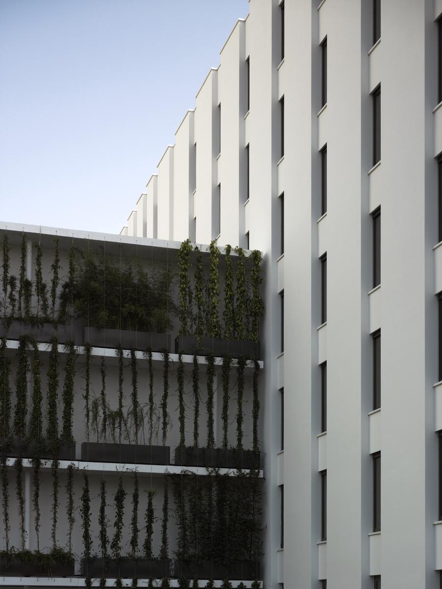 Das „Pflanzenregal“ stößt im Süden an die Hotel-und Bürofassade 