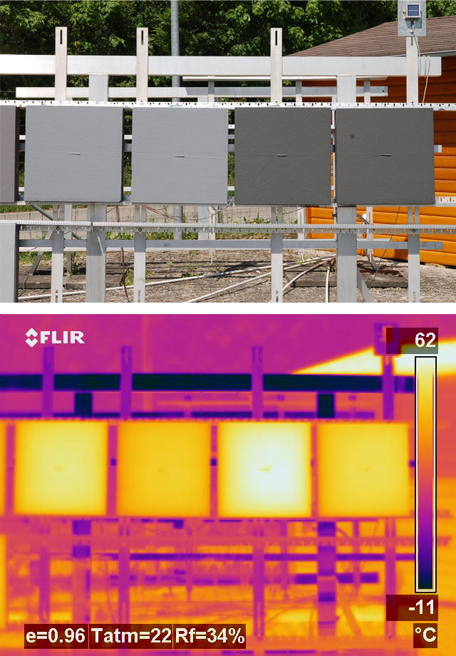 Mediendatei Nr. 217863 Erst die thermografische Aufnahme zeigt den Unterschied: Die zweite und vierte Tafel (von links) des Testaufbaus sind mit einer auf NIR-Pigmenten basierenden Farbe beschichtet; diese reflektiert große Teile der Sonnenenergie, wodurch die Oberfläche der Tafeln deutlich kühler bleibt