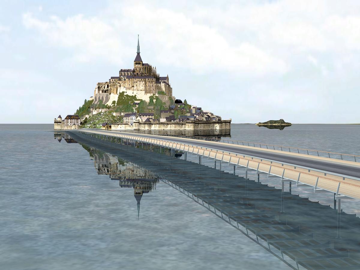 Mediendatei Nr. 211560 So soll der Mont-Saint-Michel 2015 aussehen: An die Stelle des heutigen Straßendamms und Parkplatzes tritt eine elegante Stelzenbrücke, die auf Rohren von Vallourec & Mannesmann Tubes steht