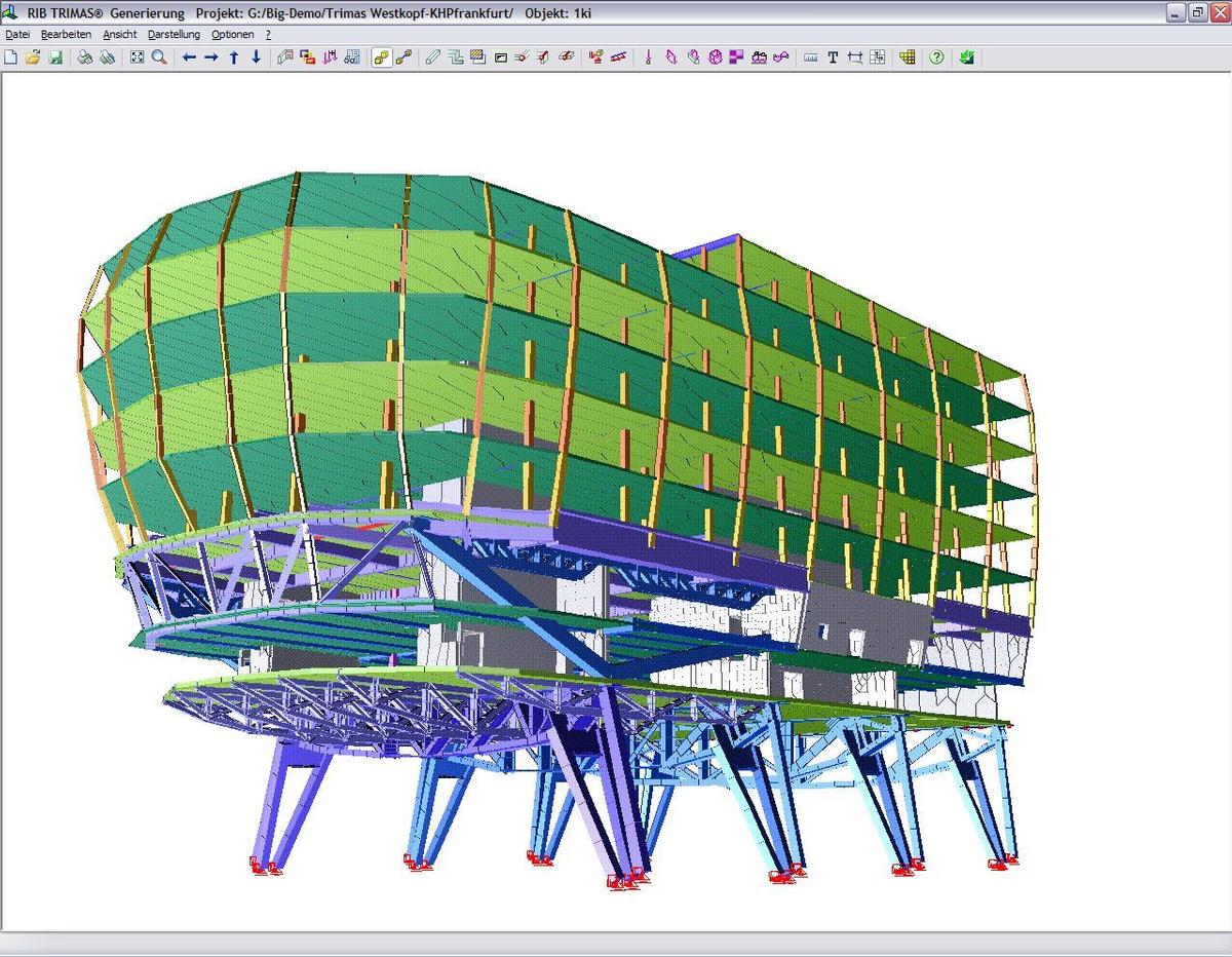 Media File No. 217581  As a view of this area on equivalent 2D systems would have led to major uncertainties in the analysis of the results, a 3D model of the western end of the building was created, including all suspended floors, girders, cores and supports