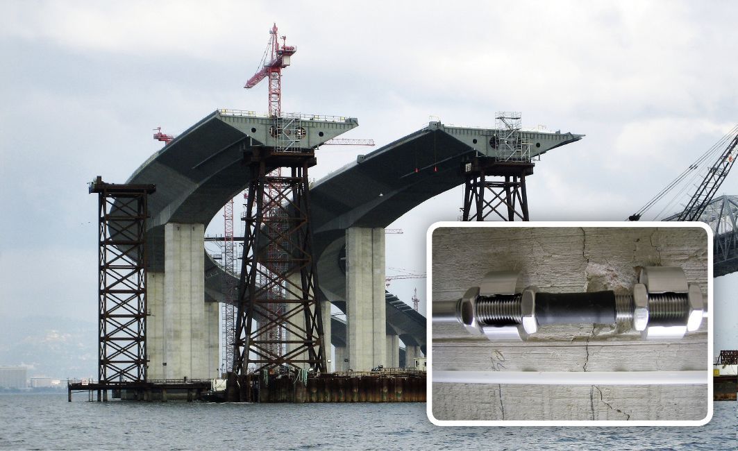 Mediendatei Nr. 208235 Strukturüberwachung an Brücken, in der Bauphase (Ausschnitt oben: Mountable FBG-Strain Sensor MS-01, Ausschnitt unten: FBG-Strain Cable SC-01),…