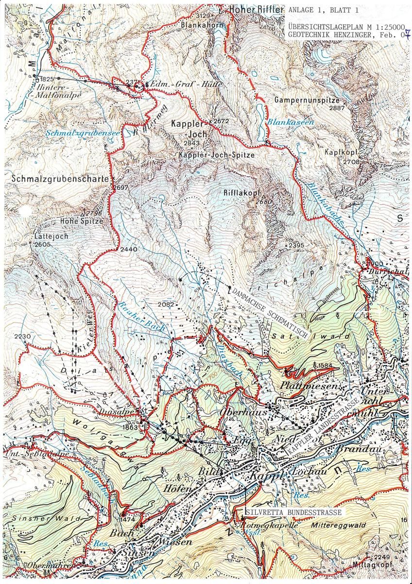 Lageplam mit Kappl, dem Diasbach und dem Einzugsgebiet, ÖK-Karte, BEV 