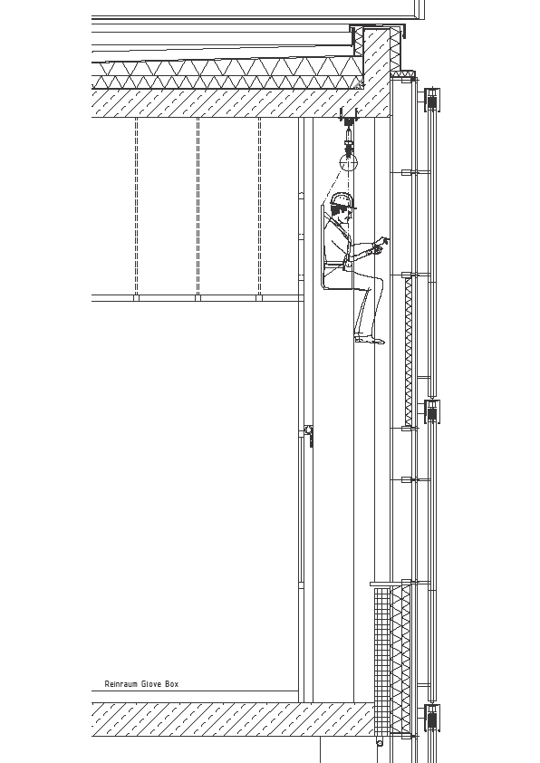 Visualisierung des Raum-in-Raum-Prinzips: Bootsmannstuhl zur Reinigung zwischen Gebäudehülle und Reinraumfassade 