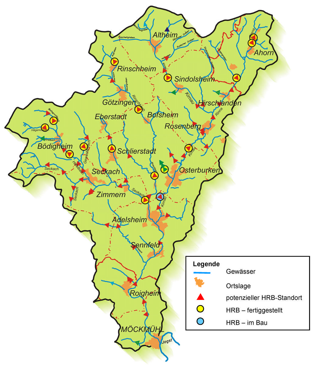 Einzugsgebiet von Seckach und Kirnau mit potenziellen und ausgewählten HRB-Standorten 