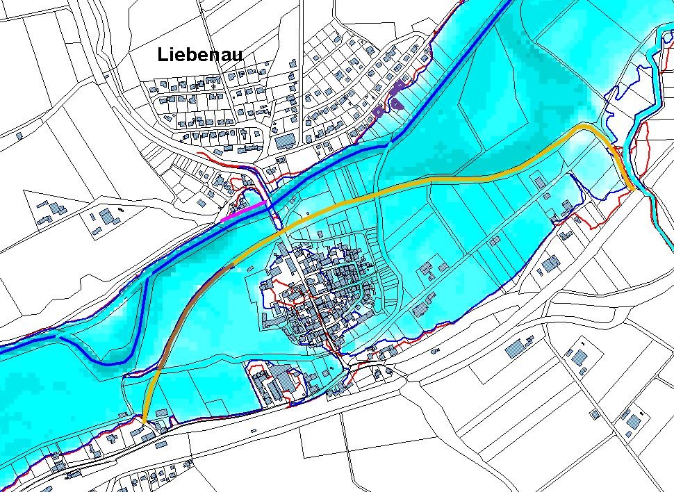 Überschwemmungen bei einem hundertjährlichen Hochwasser mit vorgeschlagenem Schutzdeich für die Stadt Liebenau 