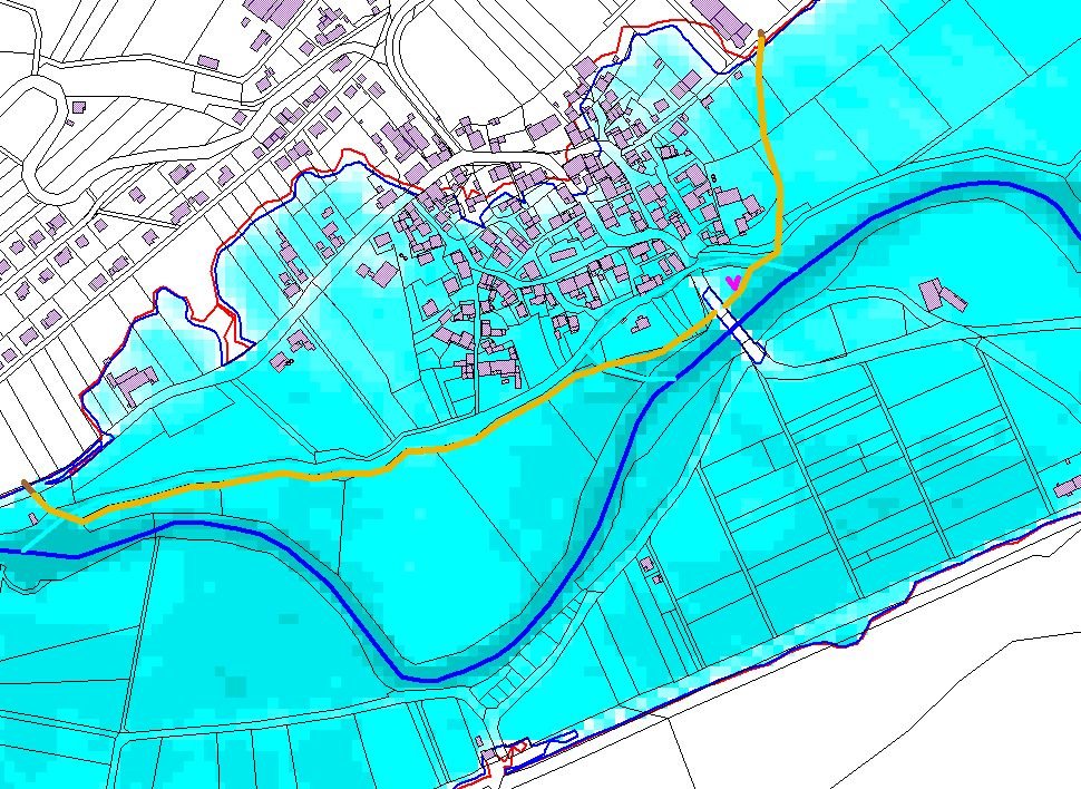 Überschwemmungen bei einem hundertjährlichen Hochwasser mit vorgeschlagenem Schutzdeich für die Ortslage Trendelburg-Eberschütz 