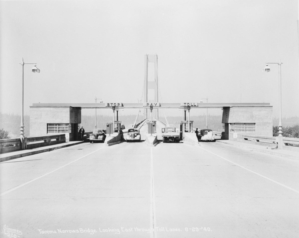 Media File No. 198840 Tacoma Narrows bridge, looking east through Toll lanes, 29 august 1940. (Eldridge, Clark H. "Tacoma Narrows Bridge, Tacoma, Washington, Final Report on Design and Construction," 1941) (HAER WA-99-30)