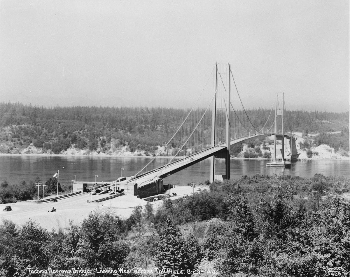 Media File No. 198844 Tacoma narrows bridge, looking west across Toll plaza, 29 august 1940. (Eldridge, Clark H. "Tacoma Narrows Bridge, Tacoma, Washington, Final Report on Design and Construction," 1941) (HAER WA-99-31)