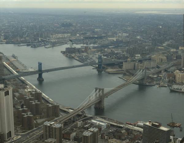 Brooklyn Bridge View looking east from top of World Trade Tower 
(HAER, NY,31-NEYO,90-74)