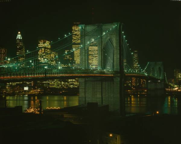 Brooklyn Bridge Night view looking northwest showing bridge lighted (HAER, NY,31-NEYO,90-78)